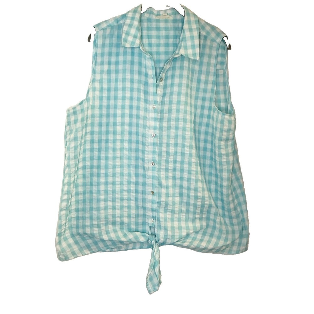 Jane + Delancey Light Blue White Gingham Sleeveless Button Down Tie Front Top XL